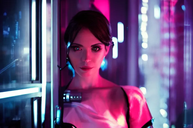 Image similar to cinematography closeup portrait of a gorgeous cyborg business woman in a cyberpunk apartment, neon lighting, night, by Emmanuel Lubezki