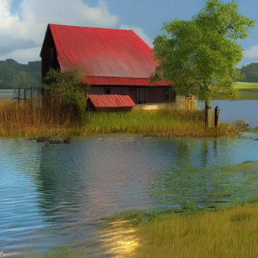 Prompt: farmhouse beside a lagoon, digital art, artstation, Darrel k sweet