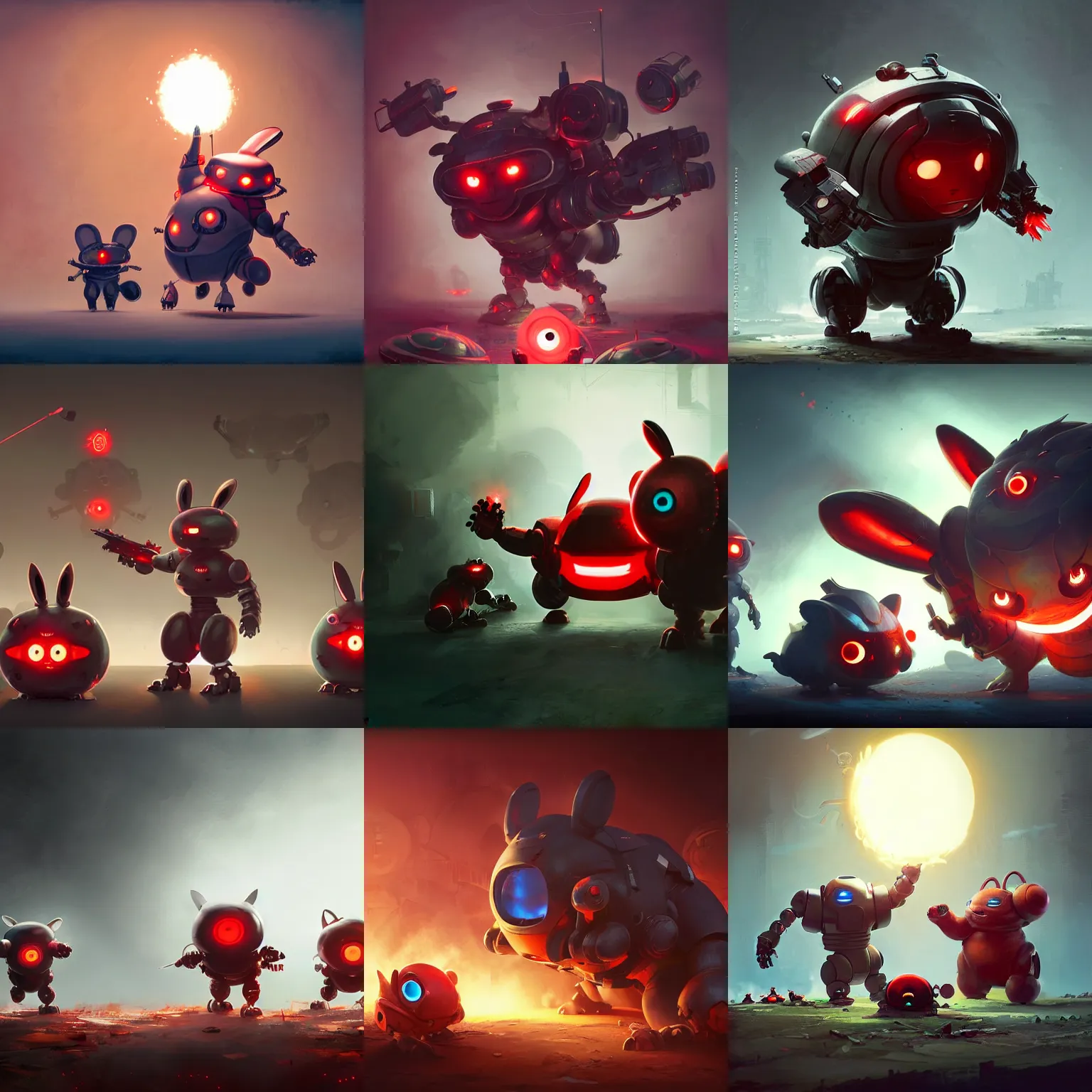 Prompt: sideview of cute chubby dangerous angry 3 years old robots childs in battle pose ruling the world with big glowing red eyes and big rabbit ears , big complex belly mechanism , studio light, retro design by greg rutkowski