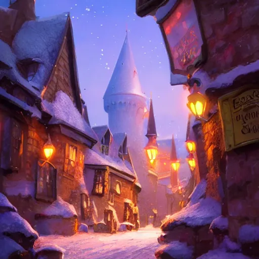 Prompt: a wholesome animation key shot of hogsmeade, colorful, pixar and disney animation, sharp, very detailed, high resolution, key art by greg rutkowski, bloom, dramatic lighting