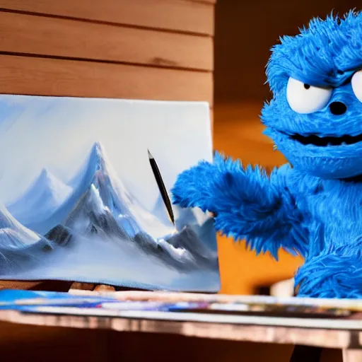 Image similar to a closeup photorealistic photograph of bob ross working on a canvas painting of cookie monster. film still. brightly lit scene. mountains and trees. this 4 k hd image is trending on artstation, featured on behance, well - rendered, extra crisp, features intricate detail, epic composition and the style of unreal engine.