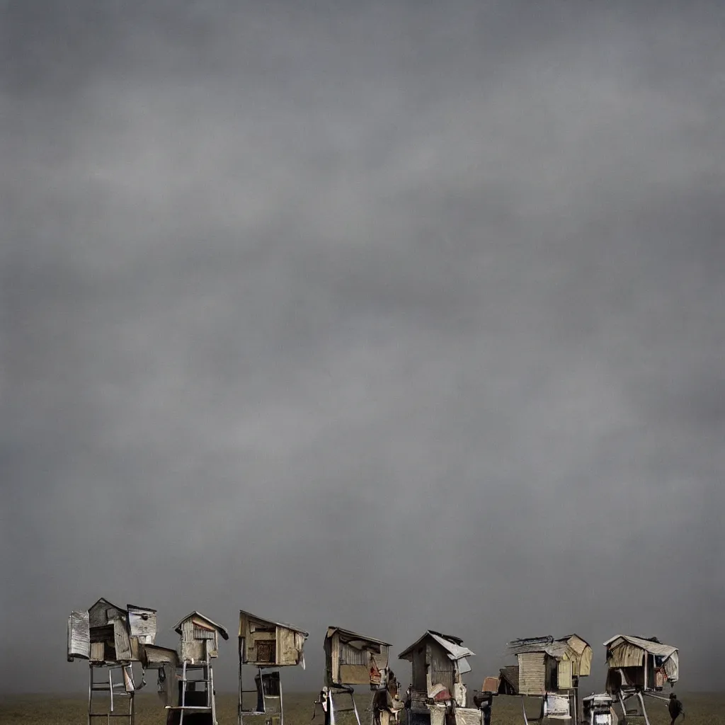 Image similar to towers made up of stacked makeshift squatter shacks with faded colours suspended over a quagmire, plain uniform sky at the back, misty, mamiya, ultra sharp, very detailed, photographed by julie blackmon, cristina de middel and john chiara