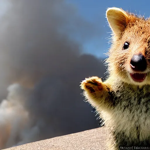 Image similar to a quokka laughing while a house is on fire in the background