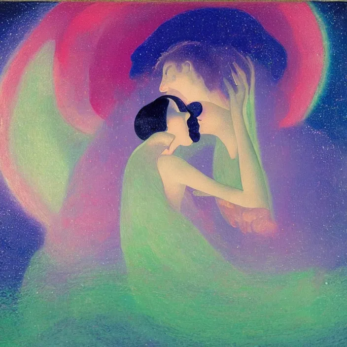 Image similar to close portrait of woman and man kissing. aurora borealis. iridescent, vivid psychedelic colors. painting by fra angelico, agnes pelton, utamaro, monet