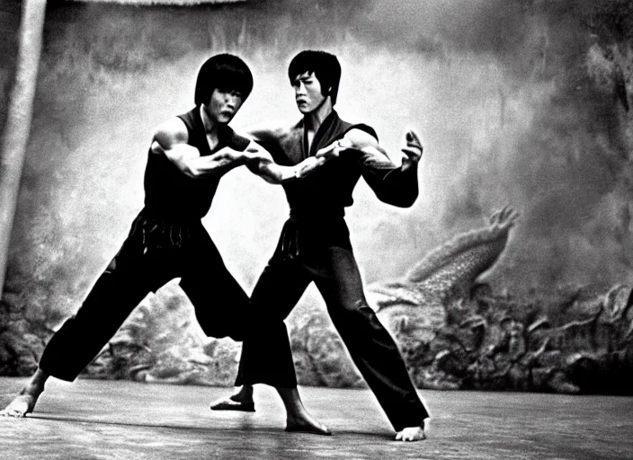 Image similar to Bruce Lee vs. a gigantic dragon, kung-fu film, vintage, martial arts, urban fantasy