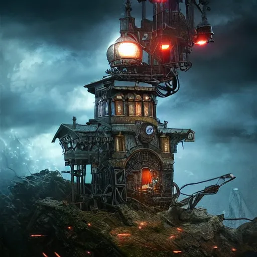 Image similar to a flying steampunk fortress, intricate, behrens style, octane render, fantasy digital art, beautiful composition, trending on artstation, night, red lightning, storm!!!, dramatic lighting,