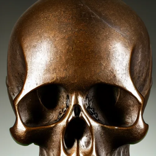 Image similar to detailed photo of an old bronze patina statue of a skull with a samurai hat, intricate detail, museum lighting