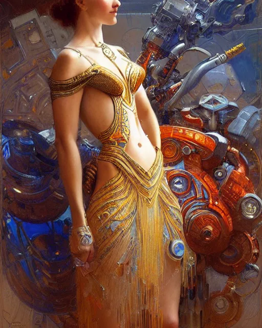 Image similar to an attractive model wearing a futuristic dress surrounded by intricate geometric patterns. highly detailed painting by gaston bussiere, craig mullins, j. c. leyendecker 8 k