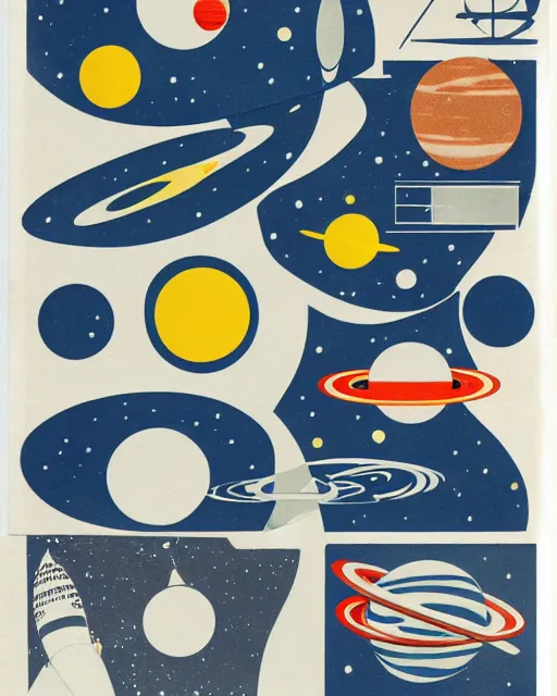 Image similar to A collage of Space Travel, mid-century modern, made of random shapes cut from magazines