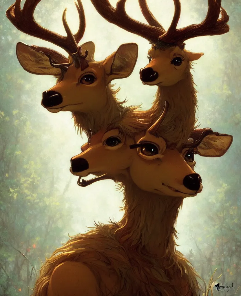Image similar to anthropomorphic shy and nerdy deer with exquisite antlers. Renowned character illustration by greg rutkowski, thomas kindkade, alphonse mucha, loish, norman rockwell. Warm gradient bokeh background. Trending on FurAffinity.