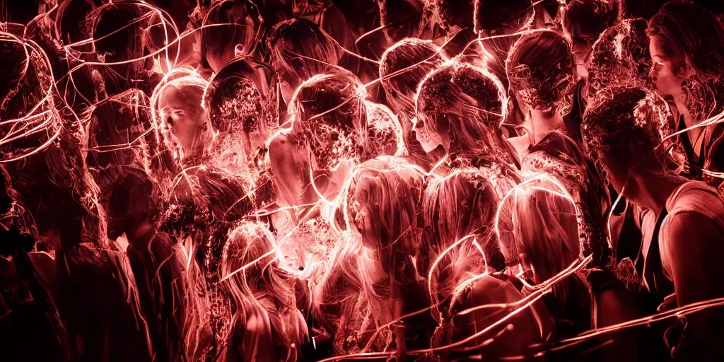 Image similar to love, double exposure groups of people with glowing bodies, from behind, rebirth, wide angle, cinematic atmosphere, elaborate wires, highly detailed, vivid colors, dramatic lighting