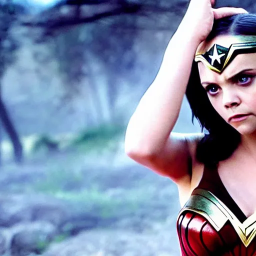 Image similar to film still of Christina Ricci playing Wonder Woman, 4k