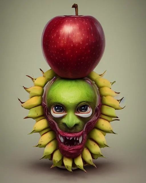 Image similar to a fruit figurine monster, apple head, banana hair, surrealist oil painting, highly detailed, dramatic lighting, hyperrealistic, 8 k, artstation, cgsociety