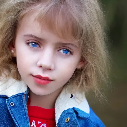 Image similar to a little portuguese girl with white - fair!!!!! skin, dirty blonde hair and blue eyes, wearing a disney land coat and blue jeans, 4 k, 8 k, photorealistic facial features