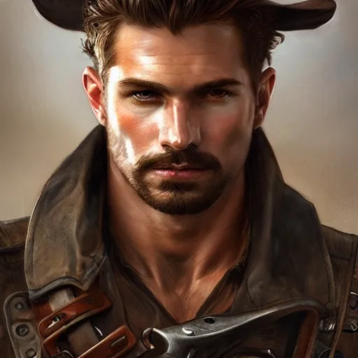 Image similar to portrait of a rugged ranger, handsome, muscular, half body, leather, smirk, fantasy, intricate, elegant, highly detailed, digital painting, artstation, concept art, smooth, sharp focus, illustration, art by artgerm and greg rutkowski and alphonse mucha