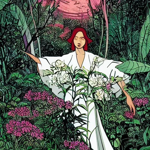 Image similar to elegant woman, white dress, dense jungle, trees, huge flowers, risograph!, omnious, dark, oldschool vintage sci - fi flat surreal design, super - detailed, painting by moebius and satoshi kon and jodorowski and katsuhiro otomo and kim jung gi, hd, 4 k, high quality