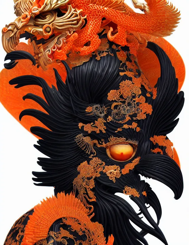 Image similar to 3 d goddess close - up profile portrait biomechanics with ram skull. beautiful intricately detailed japanese crow kitsune mask and clasical japanese kimono. betta fish, jellyfish phoenix, bio luminescent, plasma, ice, water, wind, creature, artwork by tooth wu and wlop and beeple and greg rutkowski. gold black teal and orange color scheme