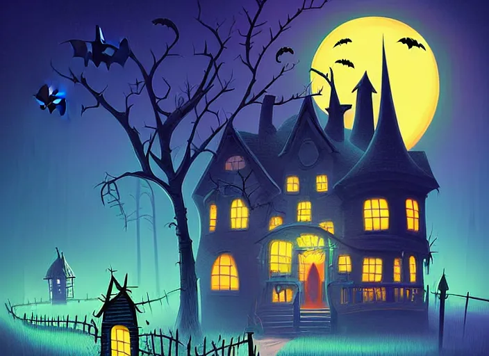 Prompt: Beautiful nostalgic digital art of a Halloween Town from Tim Burtons Nightmare Before Christmas in autumn at night by Christopher Balaskas