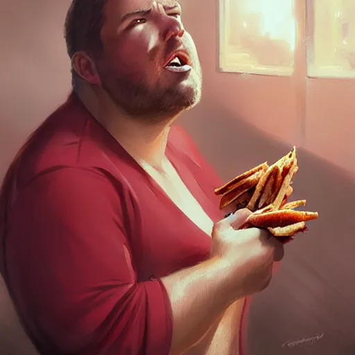 Image similar to portrait of a blonde chubby woman eating kebab, light stubble with red shirt ,digital art,photorealistoc,art by greg rutkowski,hyperdetailed,western comic style,comic,comic style,sharp lineart,professional lighting,deviantart,artstation,trevor henderson,rossdtaws,cinematic,dramatic