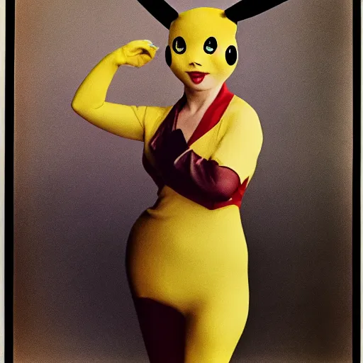 Image similar to elegant woman dressed up as pikachu, art photo in color by Annie Liebovitz and Frantisek Drtikol, digital photo, clean, sharp, smooth, glossy color photo, Nikon, Sigma art lens