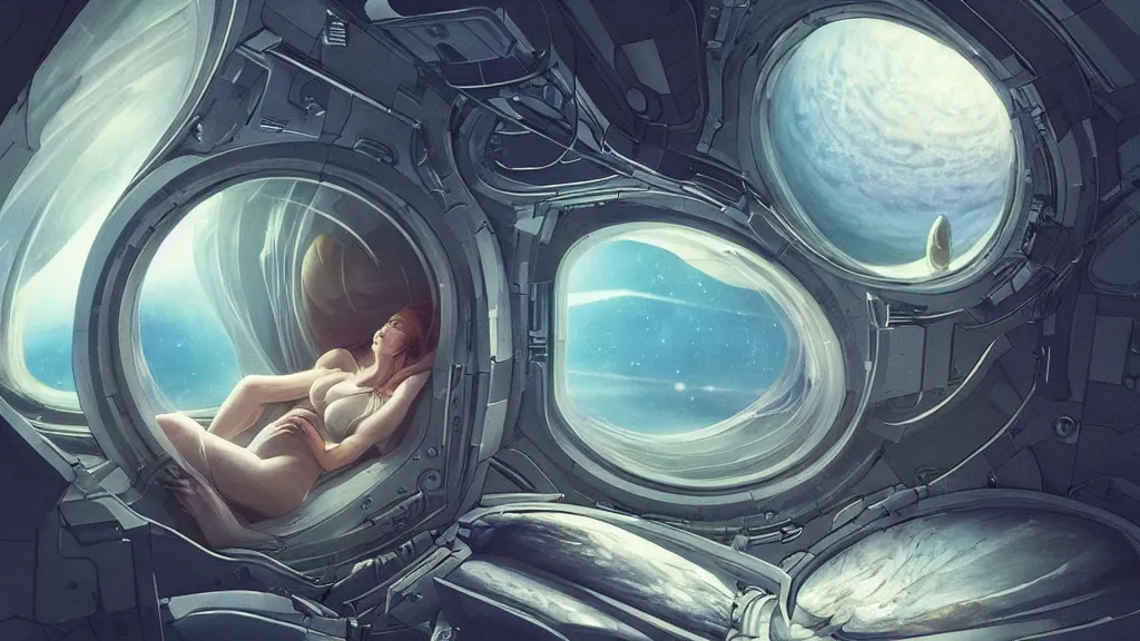 Prompt: movie concept art of a stunning view of jupiter outside the spaceship window, a sleeping woman in a hyper sleep chamber, highly detailed, artistic composition, sharp focus, intricate concept art by moebius, beeple, hr giger, dramatic lighting