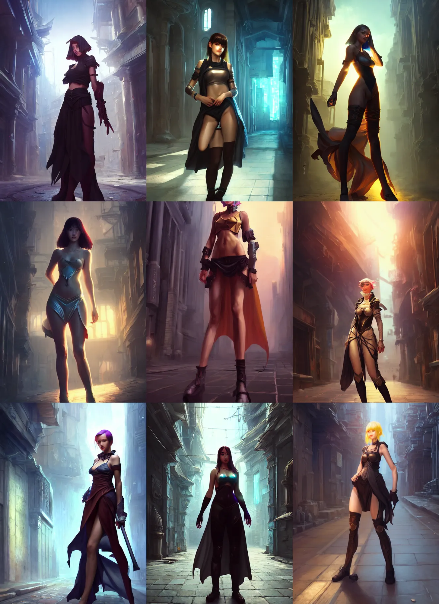 Prompt: sophisticated composition, old masters light composition, procedurally generated, epic mage girl character posing for concept art, costume design from cyberpunk, ancient city streets behind her, substance designer, PBR, HD, Ultra detailed, hyperrealistic, megascans, volumetric light, concept by master artist, made in paint tool SAI2, trending pixiv face