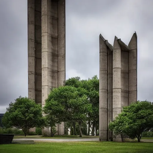 Prompt: a sci - fi beautiful brutalist hypermodern monument, with many rounded elements sprouting from the base tower creating a feel of a tree - like structure, photography