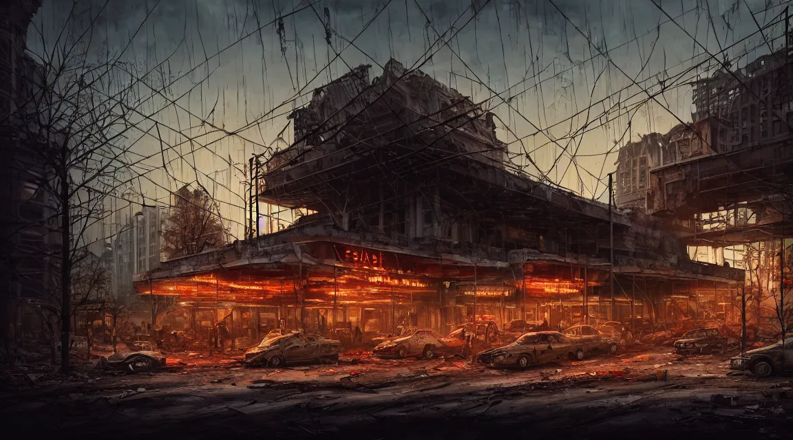 Prompt: post apocalyptic city fair building, dusk, building, avenue, americana architecture, by pascal blanche, neil blevins, apocalyptic color palette, trending on artstation, photorealistic, wilderness ambiance, ultra detailed, high definition, depth of field, bokeh, rubble, nature overgrowth, blood stains, building crumbling