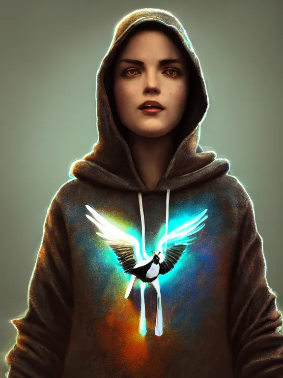 Prompt: portrait art of magpie wearing a hoodie 8k ultra realistic, lens flare, atmosphere, glow, detailed,intricate, full of colour, cinematic lighting, trending on artstation, 4k, hyperrealistic, focused, extreme details,unreal engine 5, cinematic, masterpiece