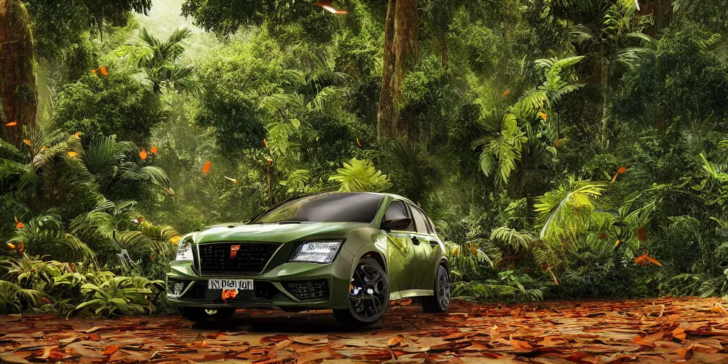 Image similar to Amazonian jungle with tropical plants and leaves falling from tree and a Cupra car placed in the center of the frame , unreal 5, hyperrealistic, realistic, photorealistic, dynamic lighting, highly detailed, cinematic landscape, studio landscape, studio lighting