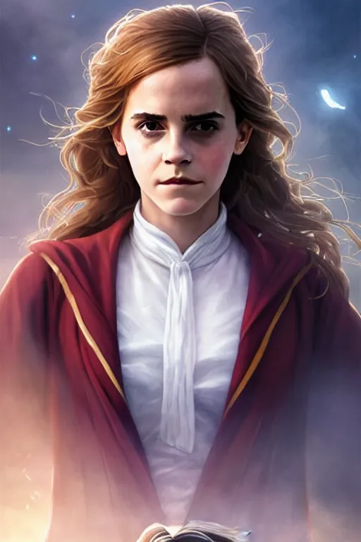 Image similar to Poster artwork, Emma Watson as Hermione Granger, wearing hogwarts!!! robes!!!, magnificent, close up, details, sharp focus, elegant, highly detailed, illustration, by Jordan Grimmer and greg rutkowski and PiNe(パイネ) and 薯子Imoko and 香川悠作 and wlop!!!! and maya takamura, intricate, beautiful, sunset!!!, Trending artstation, pixiv, digital Art