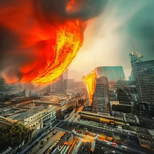 Prompt: photo of a giant fire tornado monster downtown, highly detailed, gettyimages, cinematic lighting, 4 k hd photo, trending on artstation, hyper realistic rendering photography, ultra wide angle, long shot, 8 k