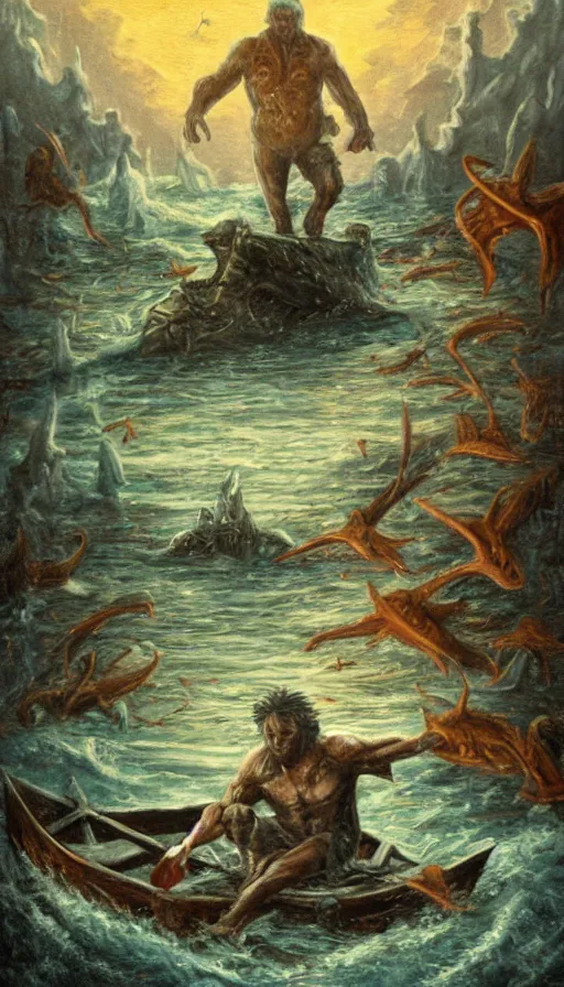 Prompt: man on boat crossing a body of water in hell with creatures in the water, sea of souls, from cryptid academia