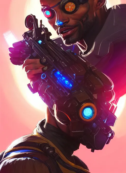 Image similar to portrait of apex legends deadshot, intricate, elegant, glowing lights, highly detailed, digital painting, artstation, glamor pose, concept art, smooth, sharp focus, illustration, art by artgerm and greg rutkowski, artey freytag