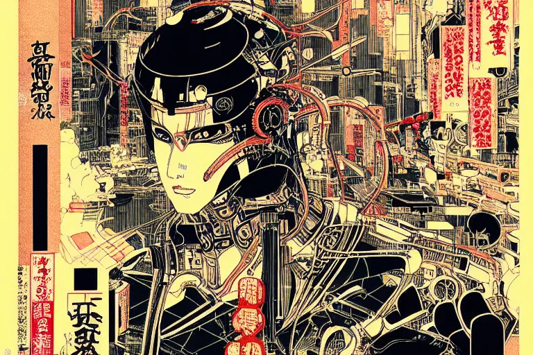 Image similar to futuristic japanese cyberpunk bladerunner silk screen by utagawa yoshiiku, ohara koson, pixiv contest winner, cyberpunk style, cyberpunk color scheme, mechanical, robotic, human machine interface, high resolution, hd, bold clear lines