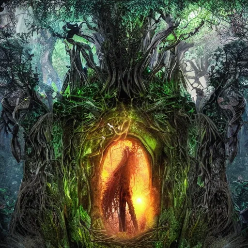 Prompt: horrific portal to hades embedded in a creepy tree in a densely overgrown, magical jungle, fantasy, dreamlike sunraise, ultra realistic, atmospheric, stopped in time, epic