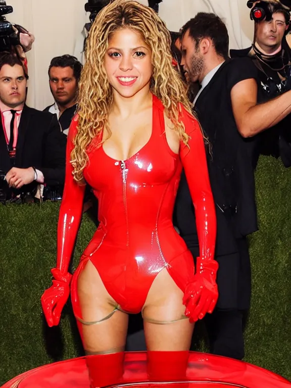 Prompt: sexy shakira wearing very tight translucent red latex crazy outfit met gala photoshoot