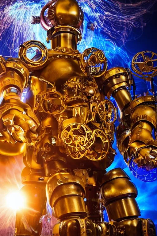 Image similar to portrait photo of a giant huge golden and blue metal humanoid steampunk robot with a huge foammachine shooting foam, with gears and tubes, eyes are glowing red lightbulbs, shiny crisp finish, 3 d render, 8 k, insaneley detailed, fluorescent colors, background is multicolored lasershow