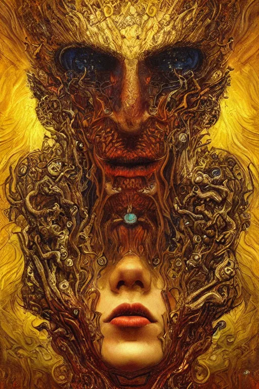 Prompt: Visions of Hell by Karol Bak, Jean Deville, Gustav Klimt, and Vincent Van Gogh, nightmare portrait, infernal, visionary, otherworldly, fractal structures, ornate gilded medieval icon, third eye, hellfire, spirals