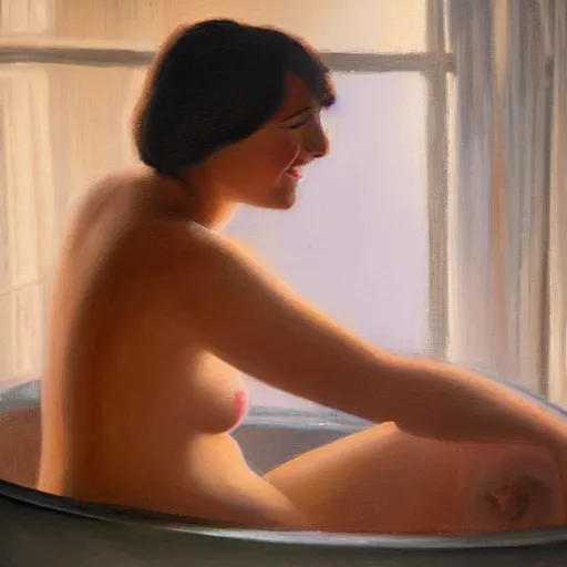 Image similar to realistic oil painting of young woman in a bathtub full of milk, smiling with her eyes closed as she washes herself, city lights from art deco window