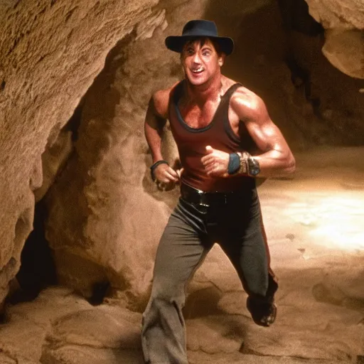 Image similar to sylvester stallone as indiana jones, running in a cave full of traps