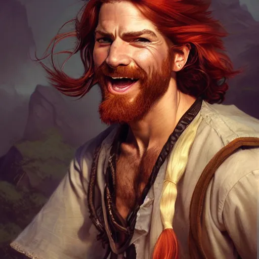 Image similar to portrait of a young ruggedly handsome but joyful pirate, male, masculine, upper body, red hair, long hair, d & d, fantasy, sharp features, intricate, elegant, highly detailed, digital painting, artstation, concept art, matte, sharp focus, illustration, art by artgerm and greg rutkowski and alphonse mucha