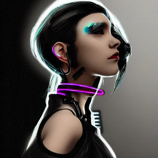 Image similar to headshot artwork of cyberpunk woman wearing thick black choker, collar on neck, realistic, artstation, neon,