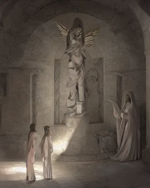 Image similar to inside a tomb, light coming in from the left, 2 angels with wings, 3 women in robes, fibonacci, by artgerm, caravaggio, craig mullins