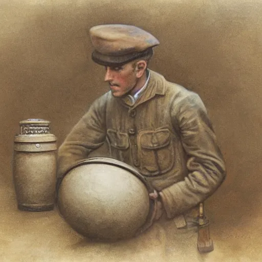 Image similar to a detailed photorealistic sepia - toned color portrait painting of a 1 9 1 7 worried clean - shaven british lieutenant in field gear in north arabia examining an ancient cylindrical clay jar, ultra realistic, intricate details, atmospheric, dark, horror, brooding, highly detailed, by clyde caldwell