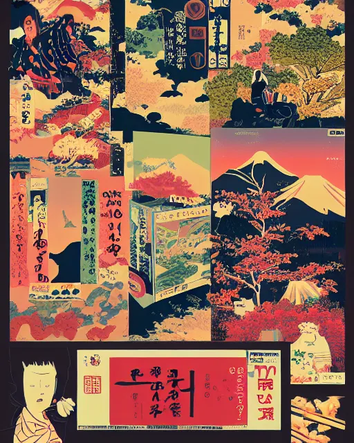 Image similar to highly creative award winning poster art collage to promote a TV series about discovering the wonders of the Japanese countryside, risograph