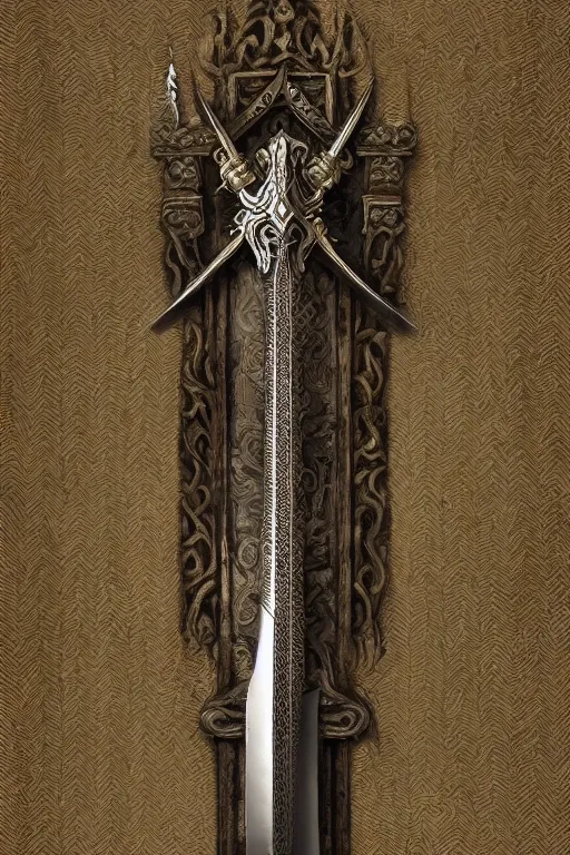 Image similar to sword of justice hanging on a wall, ornate gem in pommel, engraved blade, serrated point, herringbone floor, low angle, museum display, greg rutkowski