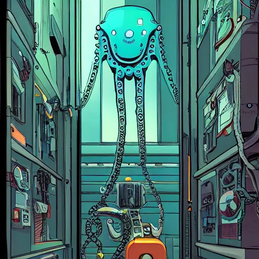 Image similar to robotic Octopus in a hallway, Industrial Scifi, detailed illustration, character portrait, by Martin Grip and Moebius