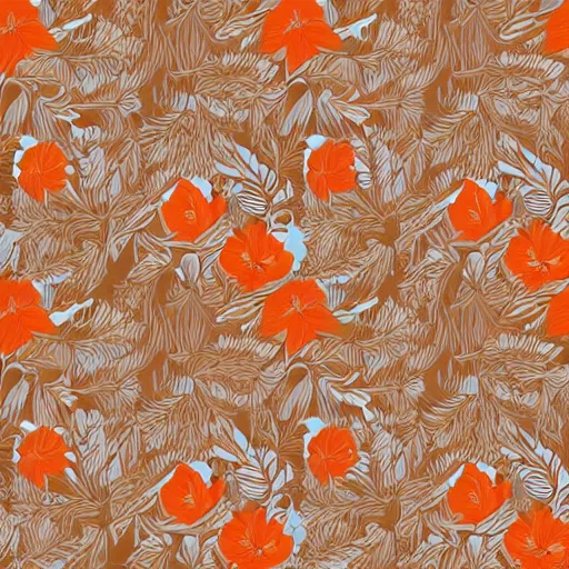 Image similar to repeating fabric pattern, minimalistic, miniature tiny orange and peach color flowers, brown vines and leaves