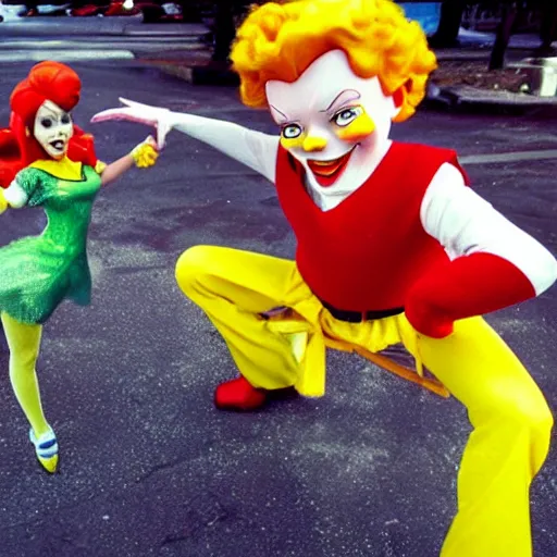 Image similar to ronald mcdonald fighting tinkerbell in a parking lot